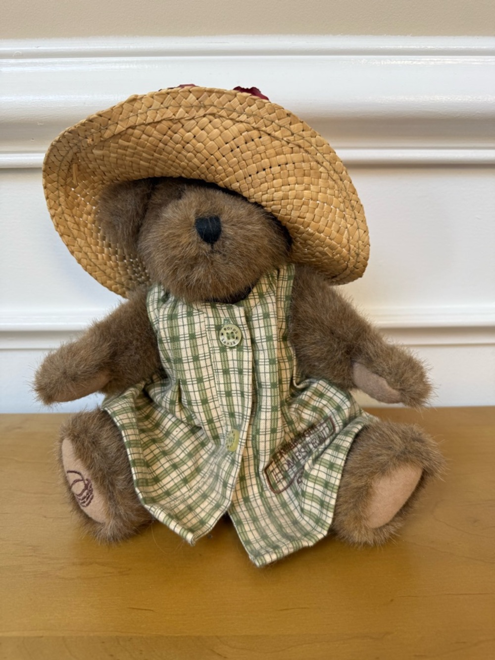 Boyds Bears Plush Bear in Straw Hat and Green Plaid Dress
